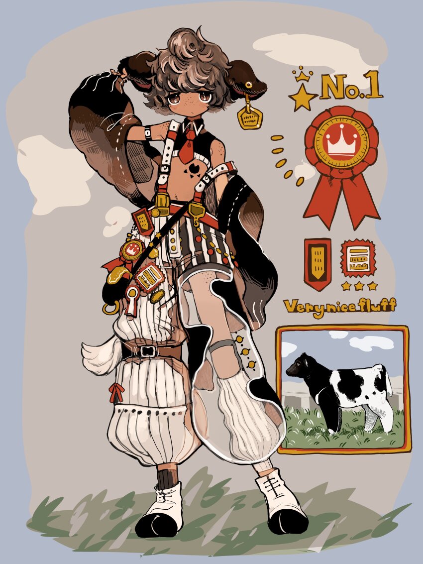 1boy absurdres animal animal_ears arm_up baggy_pants black_shirt body_freckles brown_hair brown_jacket closed_mouth commentary_request cow cow_boy cow_ears crop_top dark-skinned_male dark_skin ear_piercing ear_tag english_text freckles full_body grey_background highres jacket long_sleeves looking_at_viewer male_focus open_clothes open_jacket original pants piercing see-through_clothes see-through_pants shima_(wansyon144) shirt short_hair solo standing strap_slip suspenders trap white_pants
