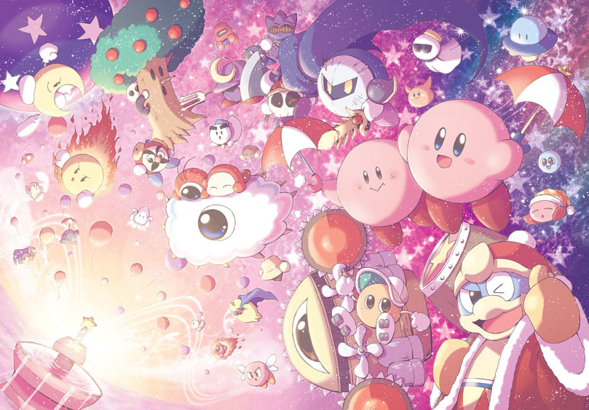 axe_knight_(kirby) balloon blue_eyes bronto_burt broom_hatter cappy_(kirby) chilly_(kirby) cool_spook everyone fountain_of_dreams hammer king_dedede kirby kirby&#039;s_adventure kirby_(series) kracko meta_knight mr._bright mr._shine nightmare nightmare_(kirby) nintendo one_eye_closed paint_roller_(kirby) parasol_kirby satou_kairi_(u-garden) sky smile squid star_(sky) star_(symbol) star_rod starry_sky ufo_(kirby) umbrella waddle_dee waddle_doo whispy_woods