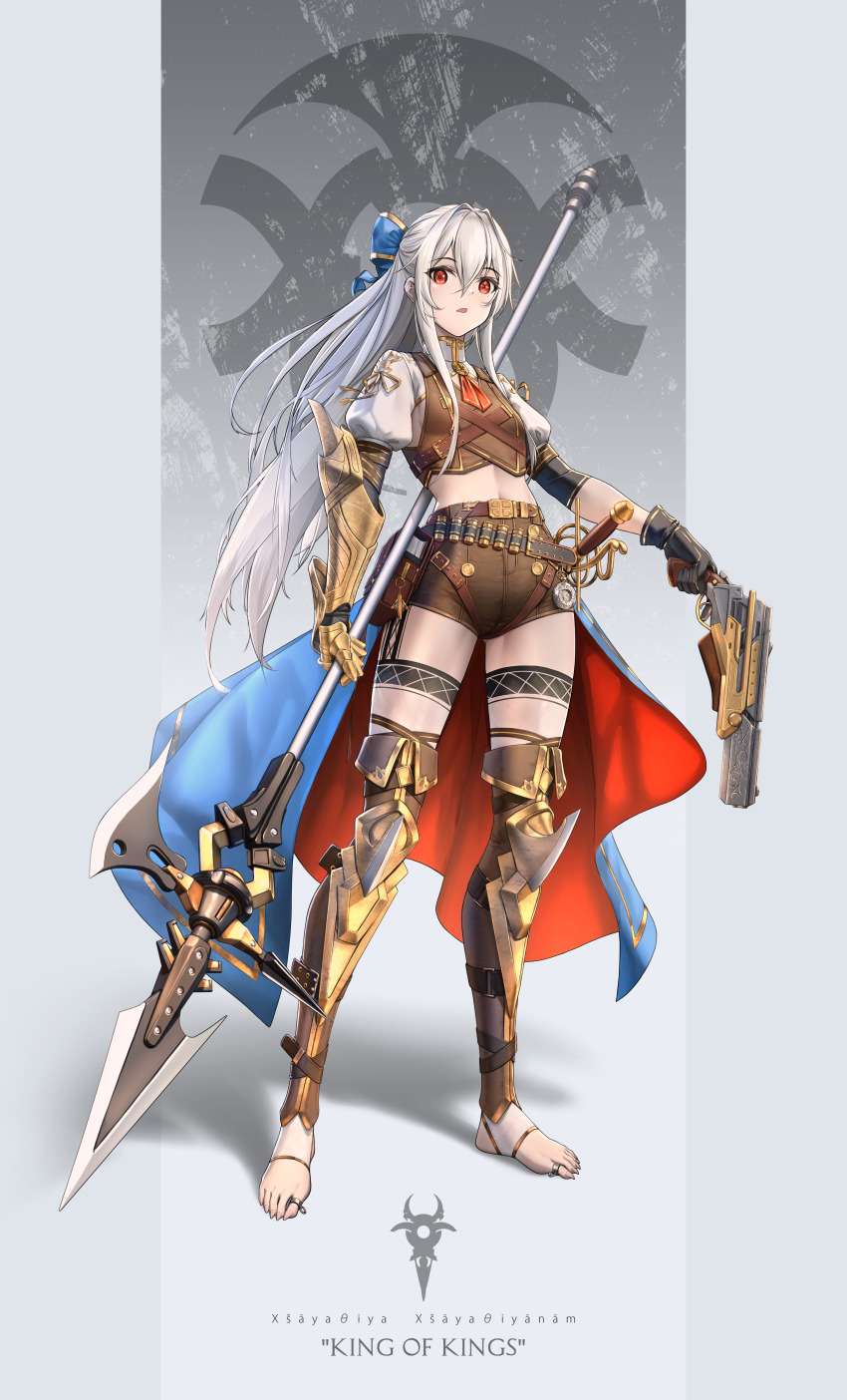1girl absurdres arlenbell bandolier belt black_background brown_pants commentary_request cross-shaped_pupils english_text glaive_(polearm) gold_trim gradient_background gun handgun heterochromia highres holding holding_gun holding_weapon jewelry leg_tattoo long_bangs long_hair long_toenails looking_at_viewer lu_(pixiv20967832) midriff_peek original pale_skin pants polearm puffy_short_sleeves puffy_sleeves red_eyes science_fiction sharp_toenails sheath sheathed shin_guards short_shorts short_sleeves shorts solo split_ends stirrup_legwear sword symbol-shaped_pupils tattoo toe_ring toeless_legwear toenails translation_request waist_cape weapon white_background white_hair