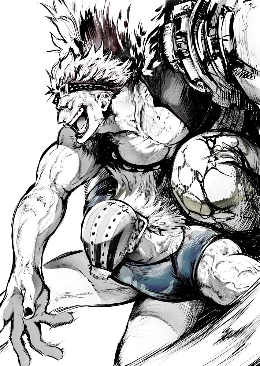 2boys absurdres attack_trail crazy_smile eustass_kid facial_hair facial_hair_through_mask feet_out_of_frame from_side goatee goggles goggles_on_head highres hockey_mask killer_(one_piece) large_pectorals long_hair looking_ahead male_focus mask multiple_boys muscular muscular_male muted_color nowosuke one_piece open_clothes open_shirt outstretched_arm pants pectoral_cleavage pectorals profile shirt smile veins veiny_arms
