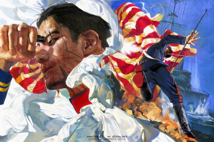 2boys belt black_belt black_eyes black_footwear black_hair blue_headwear blue_jacket blue_pants boots cloak facial_scar flag full_body golden_kamuy hanazawa_yusaku hand_up hat highres holding holding_flag imperial_japanese_army jacket long_sleeves male_focus messy_hair military_hat multiple_boys ogata_hyakunosuke pants parted_lips scar scar_on_cheek scar_on_face ship short_hair smoke tudou_estor twitter_username upper_body watercraft white_cloak