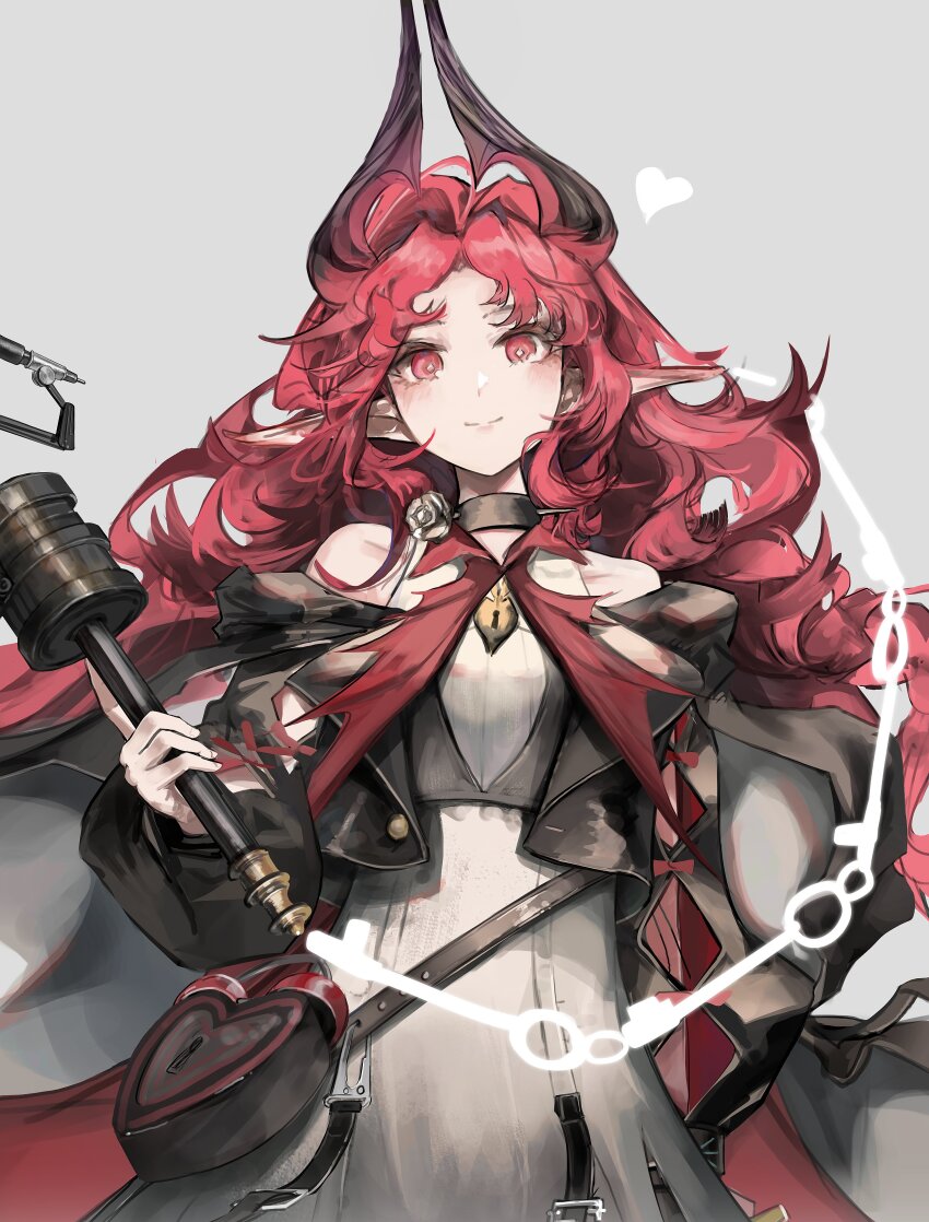 1girl absurdres arknights bare_shoulders black_collar closed_mouth collar collarbone cowboy_shot grey_background heart highres holding jewelry keyhole locket long_hair long_sleeves looking_at_viewer magic nueegochi nymph_(arknights) parted_bangs pendant pointy_ears red_eyes red_hair simple_background smile solo standing strap