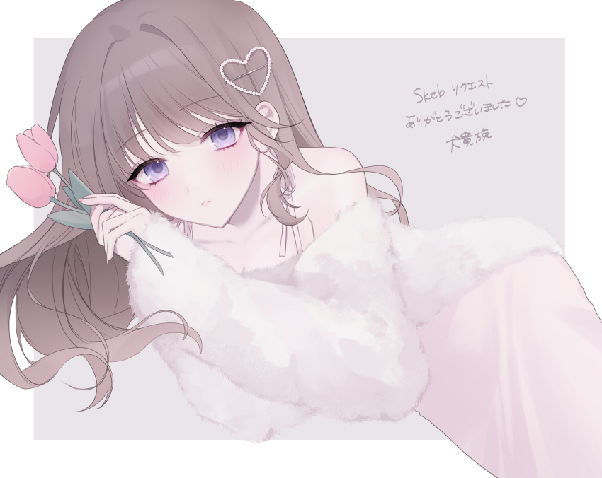1girl absurdres bare_shoulders blush border breasts brown_hair cleavage collarbone commentary_request commission flower fur_sweater grey_background hair_ornament hairclip heart heart_hair_ornament highres holding holding_flower kumo_tabetai long_hair long_sleeves looking_at_viewer lying on_side original parted_lips pink_flower pink_skirt pink_tulip purple_eyes simple_background skirt solo strap sweater teeth tulip white_border white_sweater