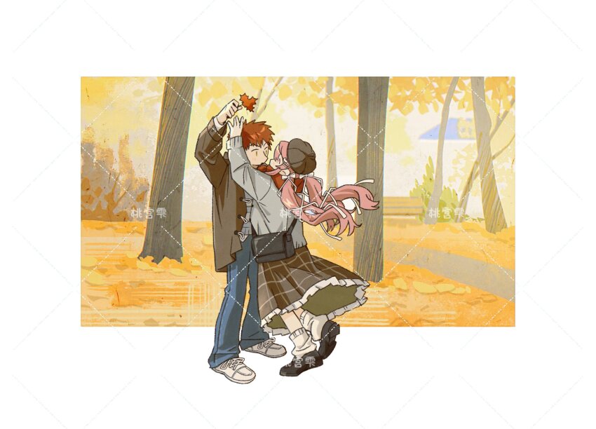 1girl autumn autumn_leaves bag bench beret black_bag black_hat black_shoes blush bow breasts brown_coat brown_skirt brown_vest coat couple cross cross_print day dress emiya_shirou falling_leaves fate/stay_night fate_(series) food forest full_body ginkgo_leaf ginkgo_tree hat highres holding holding_leaf leaf long_hair long_sleeves maple_leaf momomiya_shizuku_(gaoyue_jixiang) nature oc_x_canon open_clothes open_coat orange_hair original outdoors pastels pink_eyes pink_hair plaid_clothes plaid_skirt print_ribbon red_hair ribbon scenery seasons shoes short_hair shoulder_bag simple_background skirt smile spring_(season) standing sweet_potato transparent_background tree twintails vest white_background white_coat