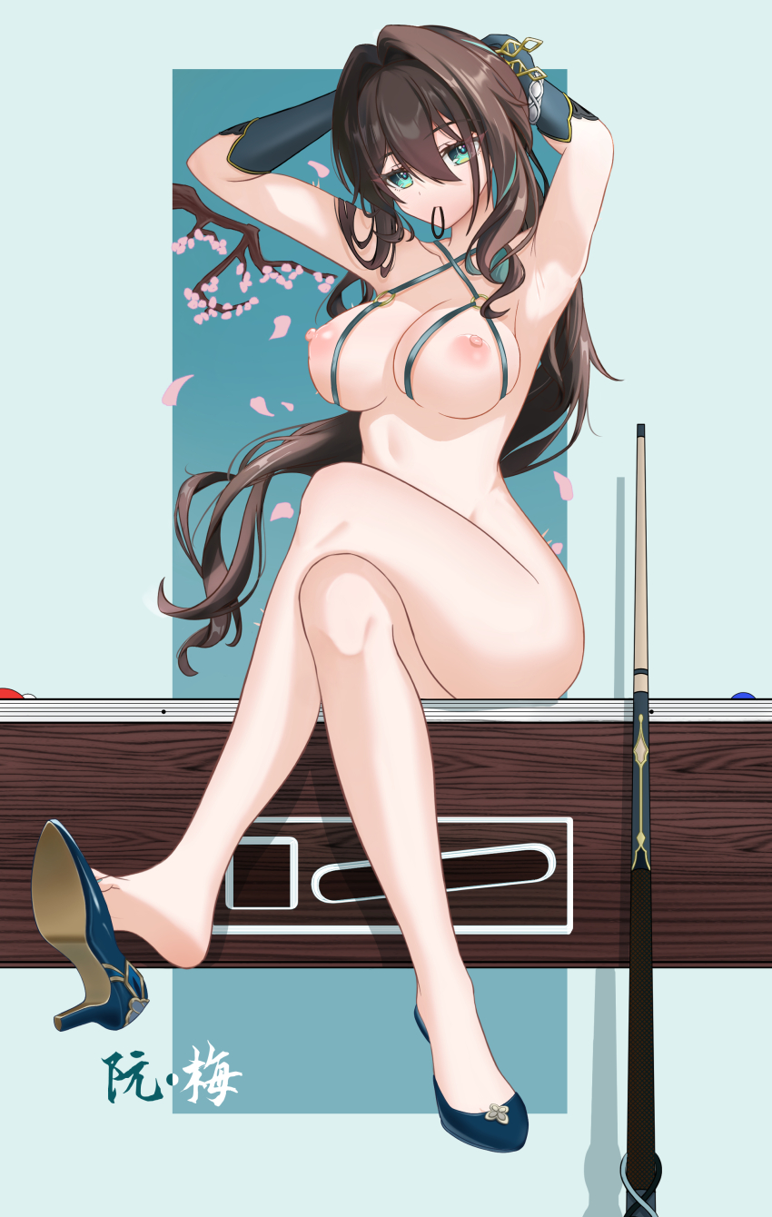 1girl absurdres aqua_eyes aqua_gloves armpits breasts brown_hair chinese_commentary commentary_request crossed_legs gloves hair_tie_in_mouth high_heels highres honkai:_star_rail honkai_(series) large_breasts long_hair mouth_hold nipples nosign_(nosign0331) nude ruan_mei_(honkai:_star_rail) sitting solo stomach thighs tying_hair variant_set very_long_hair