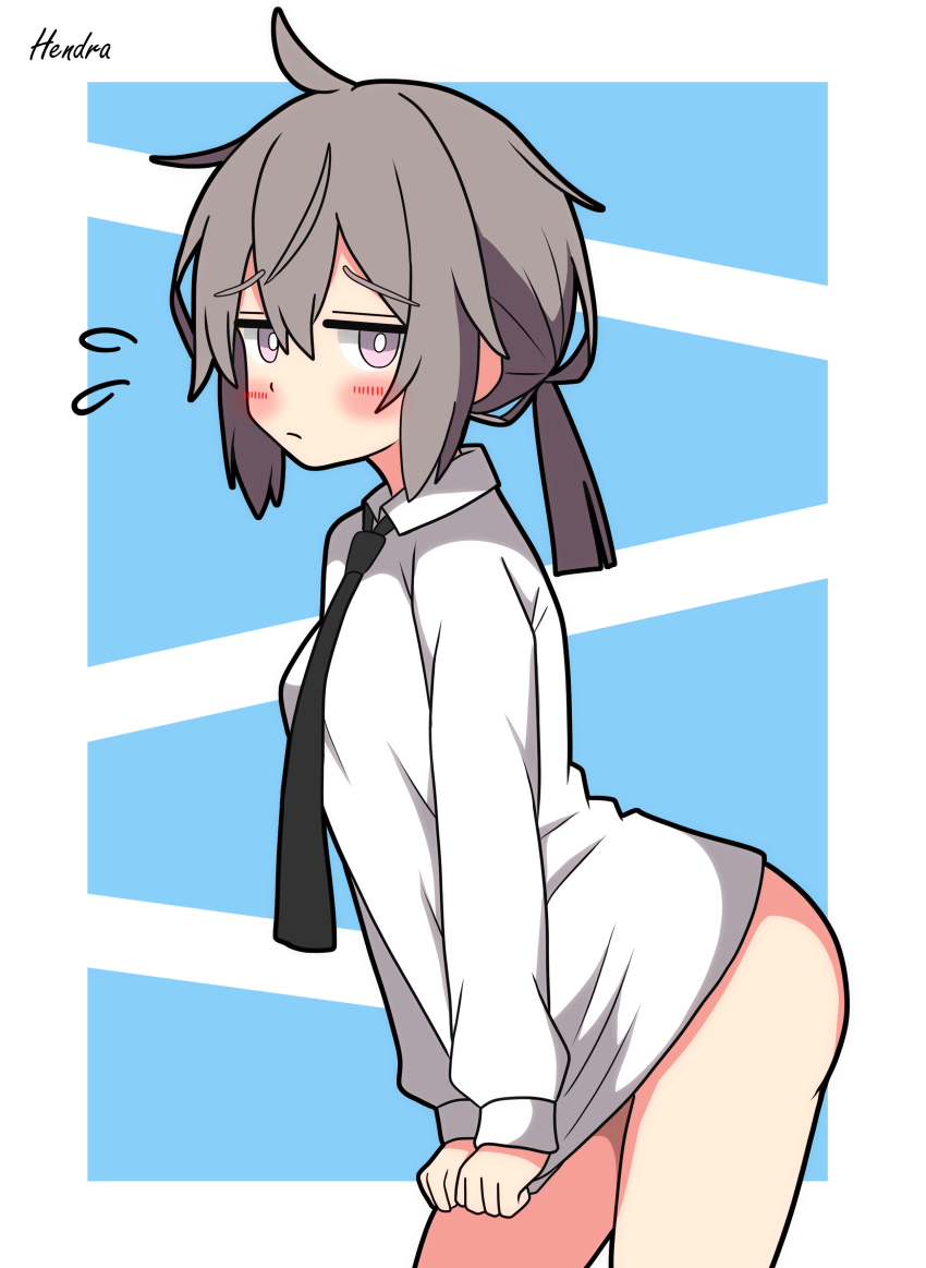 1girl absurdres ahoge ass black_necktie blue_background blush border collared_shirt commentary_request cowboy_shot double-parted_bangs flying_sweatdrops from_side girls&#039;_frontline grey_hair hair_between_eyes hendra highres leaning_forward long_sleeves looking_at_viewer low_ponytail m200_(girls&#039;_frontline) necktie no_jacket no_pants outside_border ponytail pout purple-tinted_eyewear shirt sidelocks signature simple_background solo tinted_eyewear white_border white_shirt