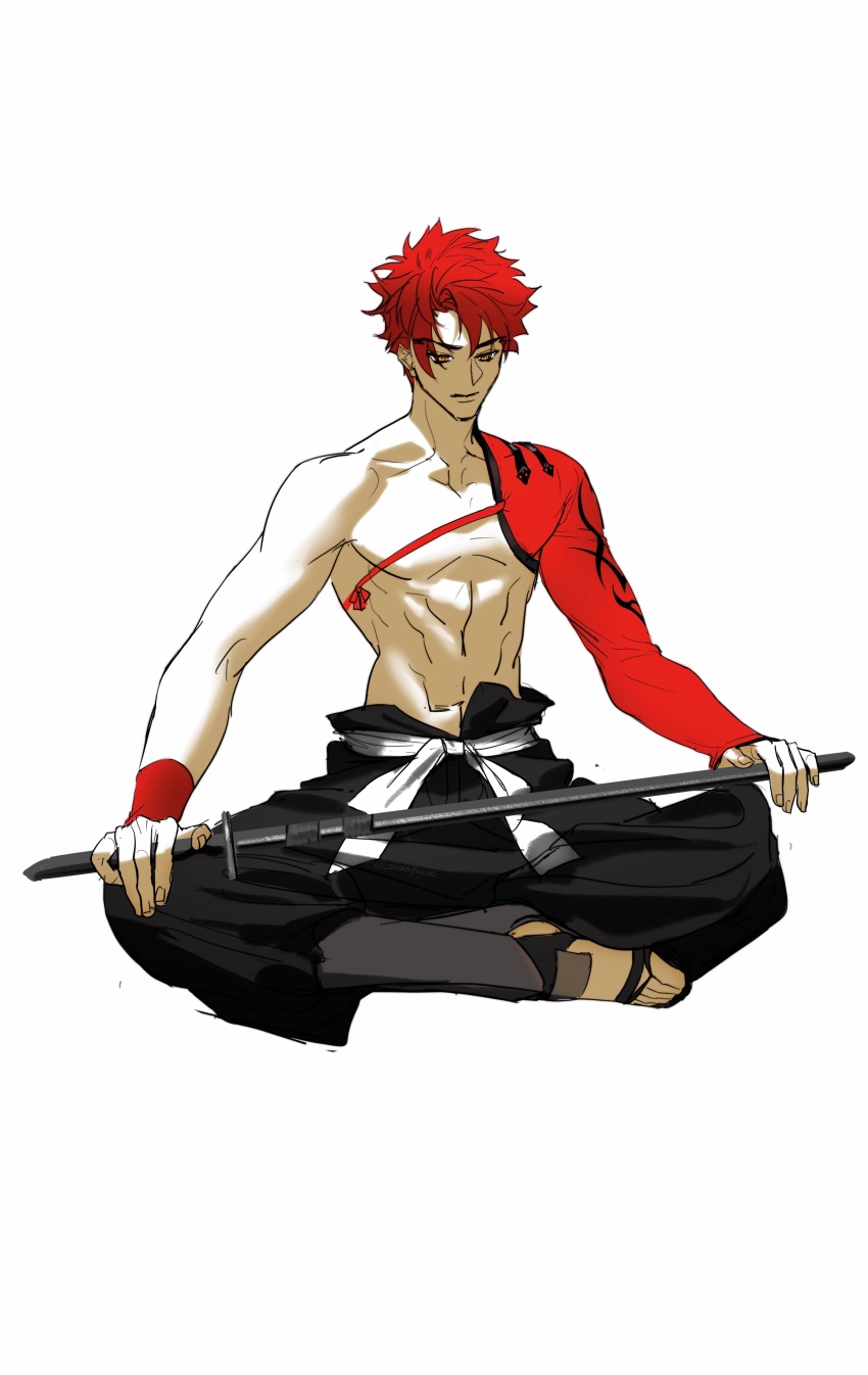 1boy absurdres black_pants commentary_request emiya_shirou fate/grand_order fate_(series) full_body highres indian_style male_focus pants red_hair sandals senji_muramasa_(fate) shinkaifuyuki single_sleeve sitting solo sword toned toned_male topless_male weapon wristband
