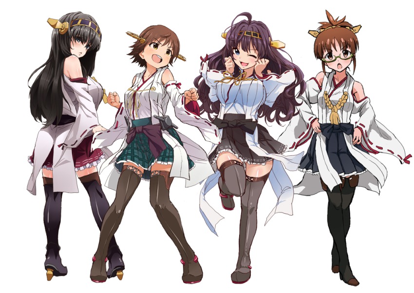 4girls akizuki_ritsuko black_hair blue_eyes brown_hair cosplay crossed_legs detached_sleeves glasses hairband haruna_(kancolle) haruna_(kancolle)_(cosplay) hiei_(kancolle) hiei_(kancolle)_(cosplay) honda_mio ichinose_shiki idolmaster idolmaster_(classic) idolmaster_cinderella_girls japanese_clothes kantai_collection kirishima_(kancolle) kirishima_(kancolle)_(cosplay) kongou_(kancolle) kongou_(kancolle)_(cosplay) long_hair multiple_girls no_legwear nontraditional_miko one_eye_closed open_mouth sagisawa_fumika shift_(waage) short_hair simple_background skirt smile thighhighs watson_cross zettai_ryouiki