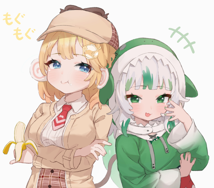 :3 :d :t animal_ears animal_hood banana blonde_hair blue_eyes blush c0521 closed_mouth collared_shirt cropped_torso crossed_arms detective donkey_kong double-parted_bangs eating fins fish_tail food fruit gawr_gura gawr_gura_(1st_costume) green_eyes green_hair green_jacket hand_up happy hat highres holding holding_food hololive hololive_english holomyth hood hoodie jacket long_sleeves looking_at_viewer monkey_ears monkey_tail monocle necktie open_clothes open_jacket open_mouth parted_bangs plaid_clothes plaid_skirt red_necktie shark_girl shark_hood shark_print shark_tail shirt short_hair simple_background skirt smile smug tagme tail virtual_youtuber watson_amelia watson_amelia_(1st_costume) white_background yoshi