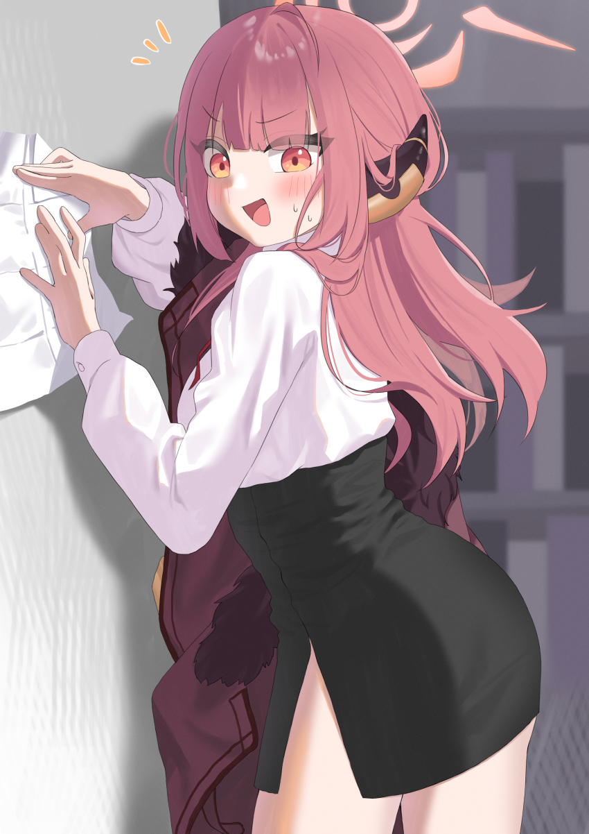 1girl :d absurdres aru_(blue_archive) black_skirt blue_archive blunt_bangs blush caught commentary_request cowboy_shot demon_girl demon_horns eyes_visible_through_hair from_side hair_on_horn hair_over_shoulder halo hand_on_wall high-waist_skirt highres hip_vent holding holding_paper horns indoors korean_commentary long_hair long_sleeves looking_at_viewer mang_722 notice_lines open_mouth orange_eyes paper pencil_skirt pink_hair pink_halo school_uniform shirt skirt smile solo straight_hair sweatdrop v-shaped_eyebrows white_shirt