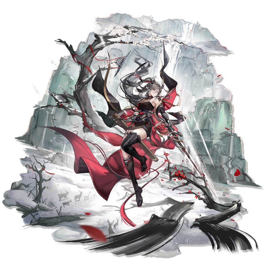 1girl arknights bare_shoulders belt black_belt black_dress black_footwear black_gloves black_thighhighs commentary_request dress elbow_gloves elite_ii_(arknights) full_body gloves grey_hair high_heels highres holding holding_sword holding_weapon horns long_hair looking_at_viewer official_art qiu_bai_(arknights) red_eyes solo sword thigh_strap thighhighs thighs transparent_background very_long_hair weapon wenquangua