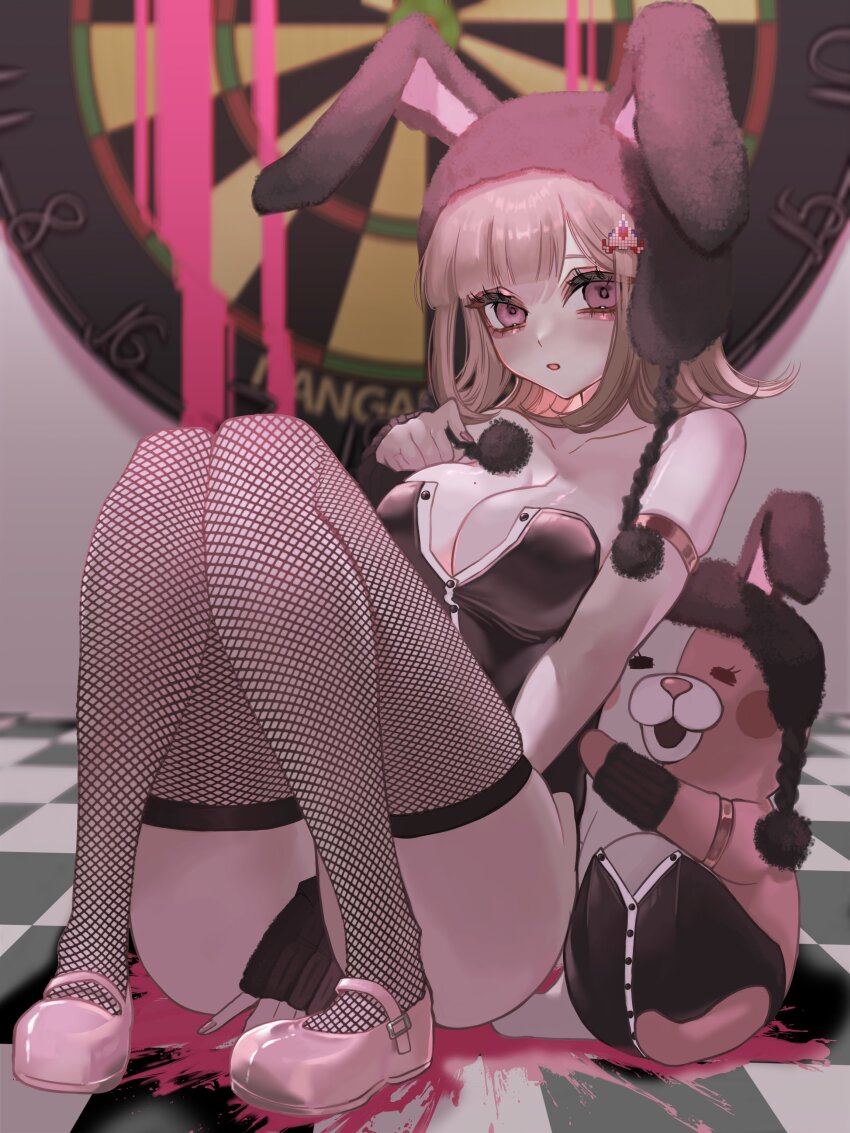 1girl absurdres aegyo_sal animal_ears ass black_leotard blood breasts danganronpa_(series) danganronpa_2:_goodbye_despair dart detached_collar fake_animal_ears fake_tail flipped_hair hair_ornament highres large_breasts leotard looking_at_viewer medium_hair mi_loveyouuu mole mole_on_breast nanami_chiaki neck_ribbon official_alternate_costume pink_blood playboy_bunny rabbit_ears rabbit_tail ribbon strapless strapless_leotard tail wrist_cuffs