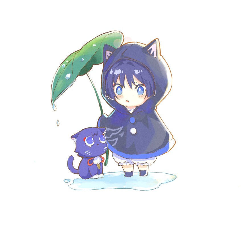 1boy absurdres alternate_costume animal_ear_hood animalization black_cloak black_hood bloomers blue_eyes blunt_ends blush cloak eyeliner eyeshadow fake_animal_ears genshin_impact highres holding holding_leaf hood hood_up hooded_cloak leaf leaf_umbrella looking_at_animal makeup male_focus official_alternate_costume open_mouth person_and_animalization pom_pom_(clothes) puddle purple_cat purple_hair purple_trim red_eyeliner red_eyeshadow scaramouche_(cat)_(genshin_impact) scaramouche_(genshin_impact) sooxy standing string underwear wanderer_(genshin_impact) water_drop white_background white_bloomers wispy_bangs