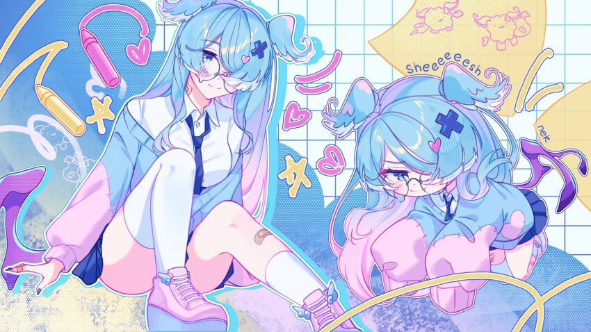 1girl bandage_on_finger bandaid bandaid_on_leg blue_eyes blue_hair blue_necktie blue_skirt elira_pendora floating glasses gradient_hair hair_over_one_eye head_wings highres long_hair low_wings mismatched_socks mu_ank multicolored_hair multiple_hair_clips necktie nijisanji nijisanji_en pink_hair pink_shoes shoes skirt smug socks stitched_sleeves white_socks wings wings_on_shoes