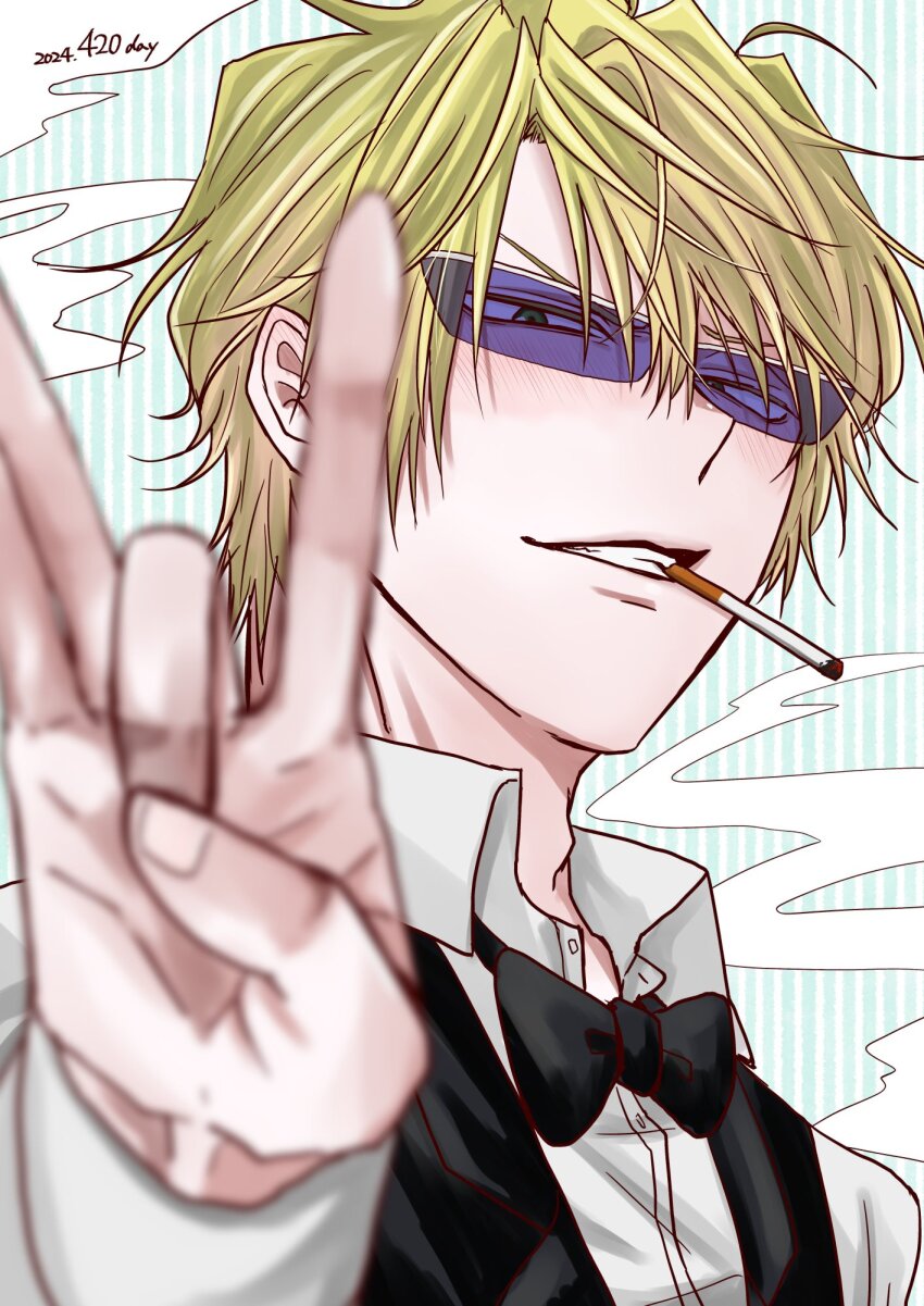 1boy arm_up black_bow black_bowtie black_vest blonde_hair blue-tinted_eyewear bow bowtie cigarette collared_shirt commentary_request dress_shirt durarara!! eyes_visible_through_eyewear flick heiwajima_shizuo highres looking_at_viewer male_focus mochichiwa open_collar shirt smile smoke smoke_trail smoking solo sunglasses teeth tinted_eyewear upper_body vest white_shirt wing_collar
