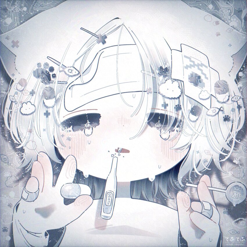 1girl animal_ear_fluff animal_ears bandaid bandaid_on_finger blush cat_ears cold_pack crying digital_thermometer eyelashes fang grey_eyes hair_ornament hairclip hairpin highres holding holding_pill looking_at_viewer nose_blush open_mouth original pill sick solo square thermometer thk_41 upper_body