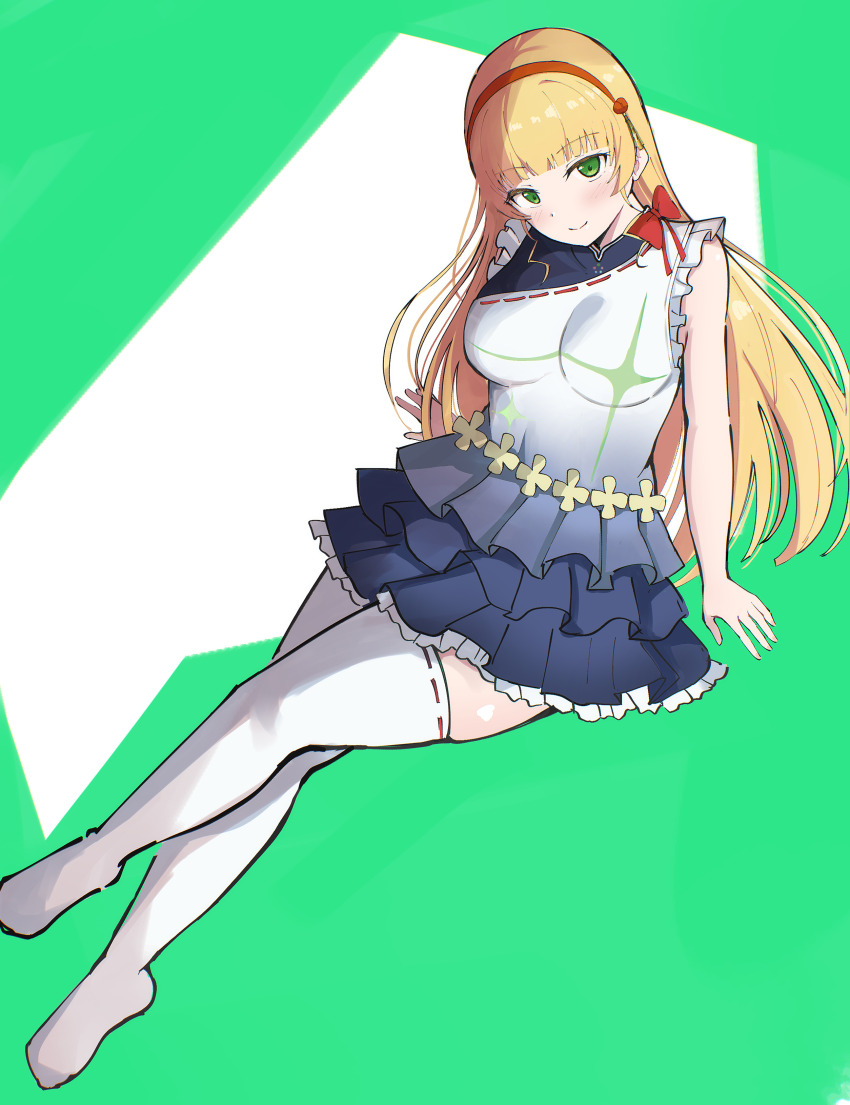1girl absurdres blonde_hair blunt_bangs blush breasts commentary_request dress frilled_dress frills gradient_clothes gradient_dress green_eyes hairband hajimari_wa_kimi_no_sora heanna_sumire highres long_hair looking_at_viewer love_live! love_live!_superstar!! red_hairband skindentation sleeveless sleeveless_dress smile solo wewe