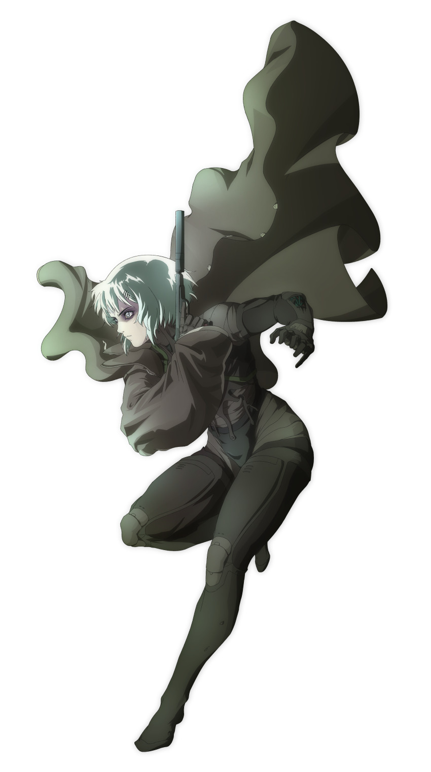 1girl absurdres android anime_coloring aqua_eyes aqua_hair arm_across_chest arm_up artificial_eye bags_under_eyes bilingual_commentary black_bodysuit black_cloak black_gloves bodysuit bodysuit_under_clothes cable cloak commentary english_commentary falling floating_cape full_body gloves gun hair_ornament hairclip handgun highres holding holding_gun holding_weapon knee_up leaning_forward lens_eye looking_ahead marie_(peripeteia) mechabare mechanical_arms mechanical_eye mechanical_legs mixed-language_commentary official_art outstretched_leg peripeteia plantar_flexion pygmy_kun serious shadow short_hair sidelighting solo spanish_commentary stechkin_aps suppressor three_quarter_view transparent_background trigger_discipline turning_head weapon