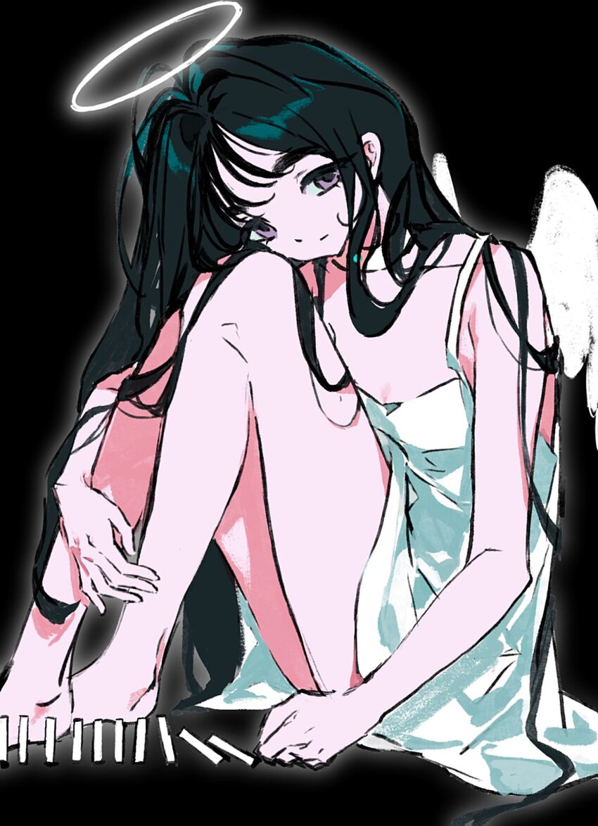 1girl alien_stage angel_wings barefoot black_background black_hair commentary dominoes dress glowing halo hashtag-only_commentary head_on_knee highres knees_up lelebus long_hair official_alternate_costume official_alternate_hair_length official_alternate_hairstyle purple_eyes sitting sleeveless sleeveless_dress solo sua_(alien_stage) traditional_halo very_long_hair white_dress white_wings wings
