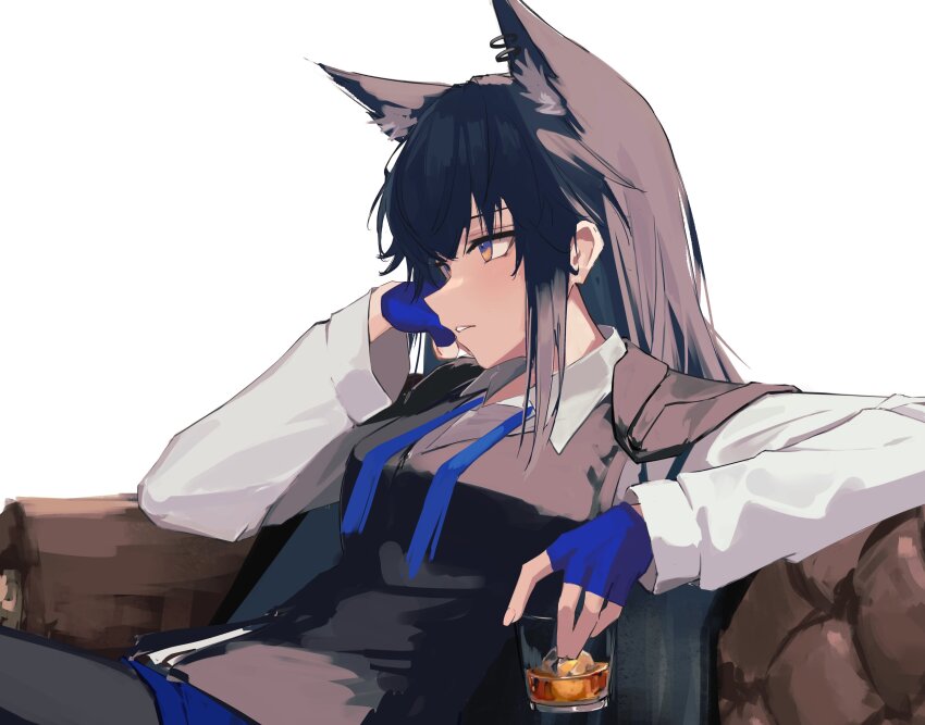1girl absurdres alcohol animal_ear_fluff animal_ears arknights black_hair black_pantyhose black_vest blue_eyes blue_gloves blue_necktie blue_shorts couch cup drinking_glass fingerless_gloves gloves highres holding holding_cup long_hair multicolored_eyes necktie nekomatamago on_couch orange_eyes pantyhose parted_lips shirt shorts simple_background sitting solo texas_(arknights) texas_the_omertosa_(arknights) two-tone_eyes vest white_background white_shirt wolf_ears wolf_girl