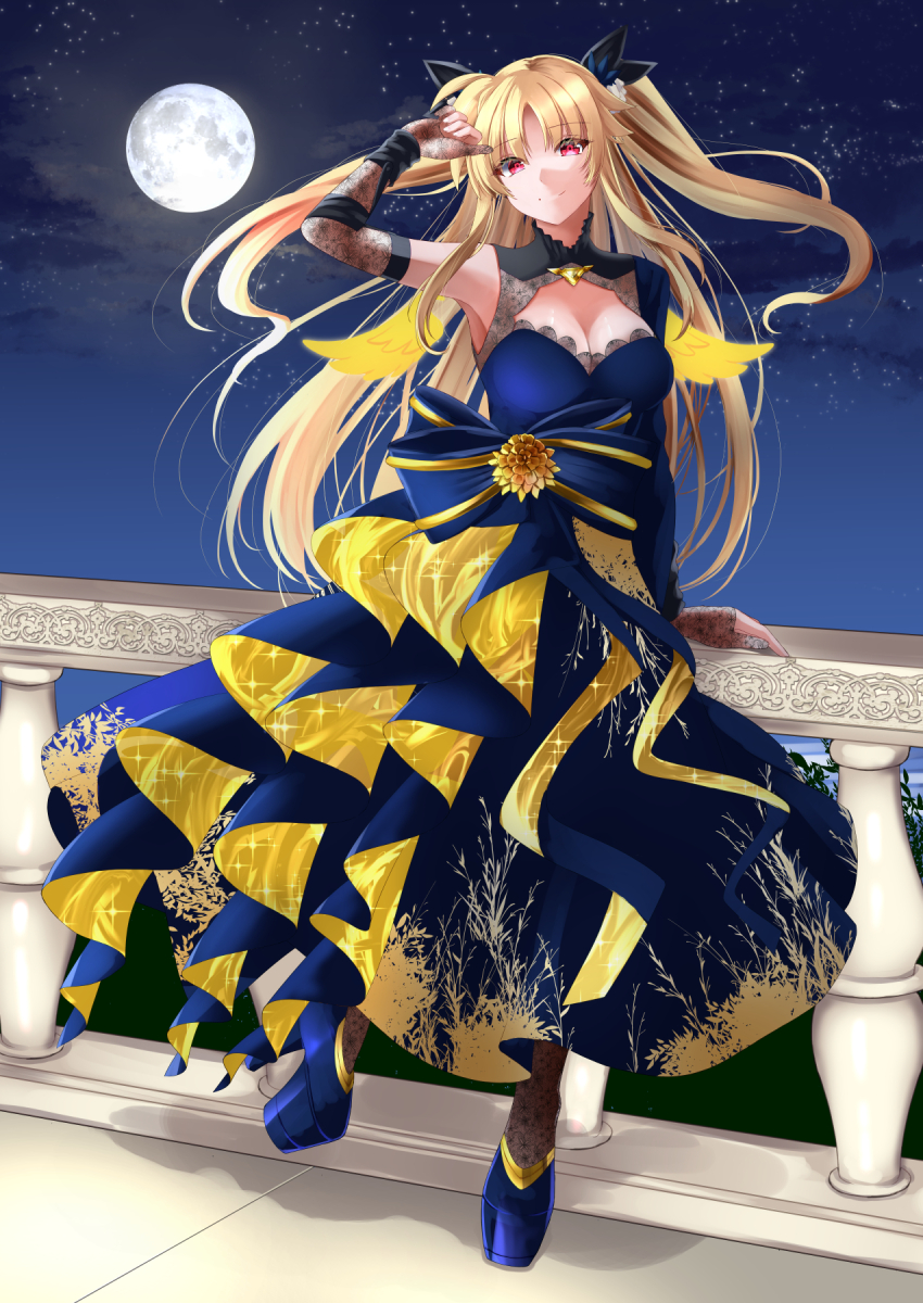 1girl armpits black_bow blonde_hair blue_dress blue_footwear bow breasts cleavage closed_mouth dress elbow_gloves fate_testarossa fingerless_gloves floating_hair flower full_moon gloves hair_bow hair_flower hair_ornament highres large_breasts layered_dress long_hair looking_at_viewer lyrical_nanoha lyrical_store mahou_shoujo_lyrical_nanoha_strikers moon night outdoors red_eyes sky sleeveless sleeveless_dress smile solo sougetsu_izuki star_(sky) starry_sky twintails very_long_hair white_flower