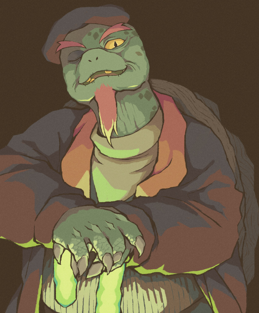 1boy black_jacket cane colored_sclera deltarune facial_hair film_grain gerson goatee hand_on_cane highres jacket male_focus mamaito old old_man one_eye_closed own_hands_together red_scarf scarf solo sweater teeth turtle_boy upper_body white_sweater wrinkled_skin yellow_sclera