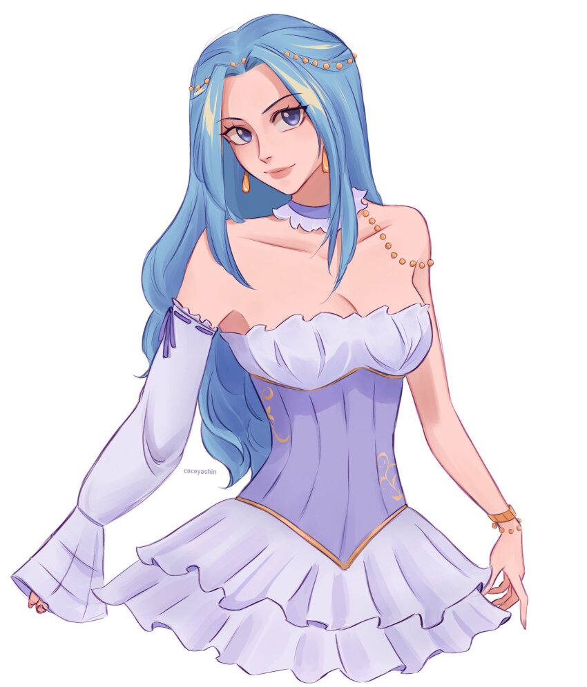1girl blue_eyes blue_hair breasts cleavage closed_mouth cocoyashin collarbone commentary corset detached_sleeves dress earrings english_commentary eyelashes highres jewelry long_hair looking_at_viewer medium_breasts nefertari_vivi one_piece purple_corset smile solo strapless strapless_dress white_dress white_sleeves