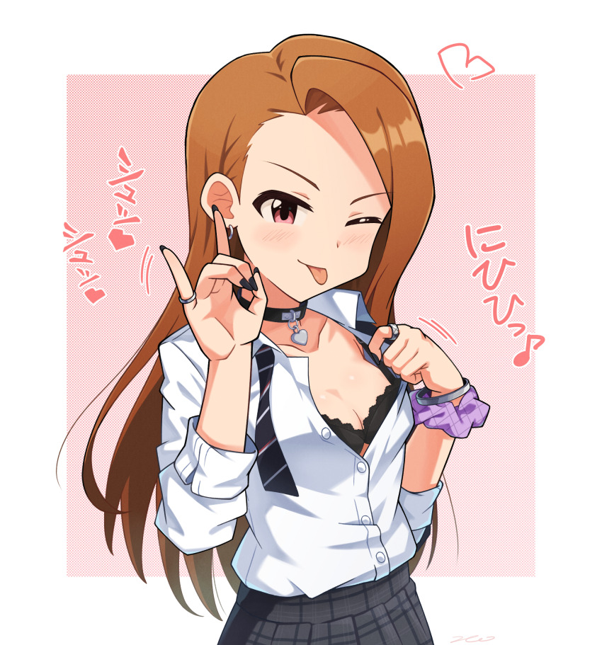 1girl :p \m/ asymmetrical_bangs bangle black_bow black_bowtie black_bra black_choker black_nails blush border bow bowtie bra bracelet breasts brown_hair choker cleavage collarbone collared_shirt concept_gyarus_(idolmaster) diagonal-striped_bow diagonal-striped_bowtie diagonal-striped_clothes dot_nose earrings fellatio_gesture forehead grey_skirt gyaru hands_up heart heart_choker highres idolmaster idolmaster_(classic) idolmaster_million_live! idolmaster_million_live!_theater_days jewelry kim_da-yoon lace lace-trimmed_bra lace_trim lingerie long_hair looking_at_viewer loose_bowtie minase_iori official_alternate_costume one_eye_closed open_clothes open_collar open_shirt opened_by_self outside_border pink_background pink_scrunchie plaid_clothes plaid_skirt pleated_skirt school_uniform scrunchie seductive_smile shirt silver_bangle silver_bracelet silver_ring single_sidelock skirt sleeves_rolled_up smile solo sound_effects straight-on striped_clothes swept_bangs tongue tongue_out translation_request underwear upper_body white_border white_shirt wrist_scrunchie