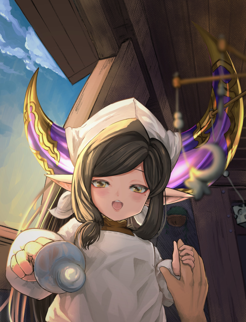 1girl absurdres apron arulumaya black_hair brown_eyes crescent granblue_fantasy hand_grab harvin headscarf highres holding_pacifier kappougi lli_tt long_hair looking_at_viewer mole mole_under_eye open_mouth pacifier pointy_ears pov smile solo tall_crown tenugui white_headscarf