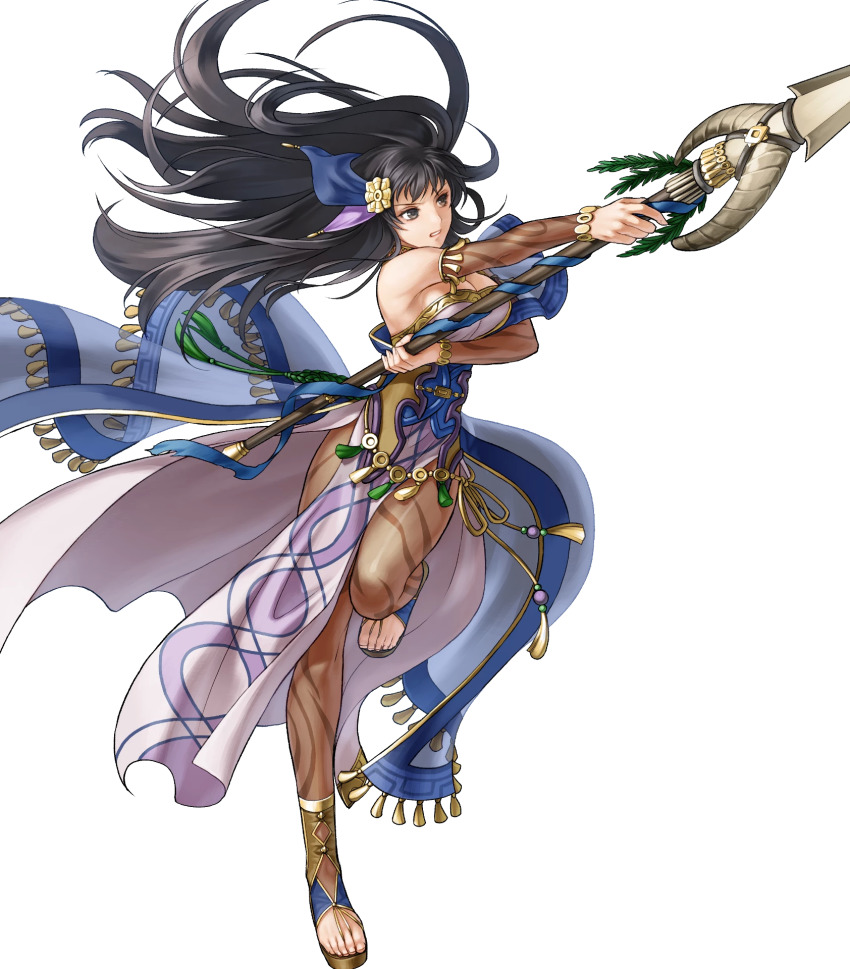 1girl bare_shoulders black_eyes black_hair breasts dress fire_emblem fire_emblem:_the_blazing_blade fire_emblem_heroes full_body gold_trim hair_ornament highres holding holding_weapon karla_(fire_emblem) karla_(hatari)_(fire_emblem) kita_senri loincloth long_hair medium_breasts nintendo non-web_source official_art pantyhose polearm short_sleeves spear strapless strapless_dress toeless_footwear toes transparent_background weapon wide_sleeves