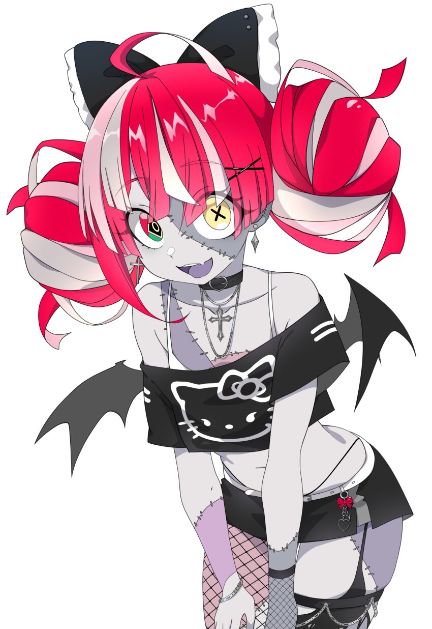 1girl :d absurdres ahoge alternate_costume bat_wings bow breasts charm_(object) choker colored_tongue crop_top cross cross_necklace fang fishnets hair_between_eyes hair_ornament hair_ribbon hairclip heart heart_choker hello_kitty highres hololive hololive_indonesia jewelry kureiji_ollie leaning_forward looking_at_viewer medal multicolored_hair navel necklace nekoromancer open_mouth purple_tongue red_hair ribbon sanrio simple_background skin_fang small_breasts smile solo stitches streaked_hair symbol-shaped_pupils virtual_youtuber white_background wings x_hair_ornament zombie