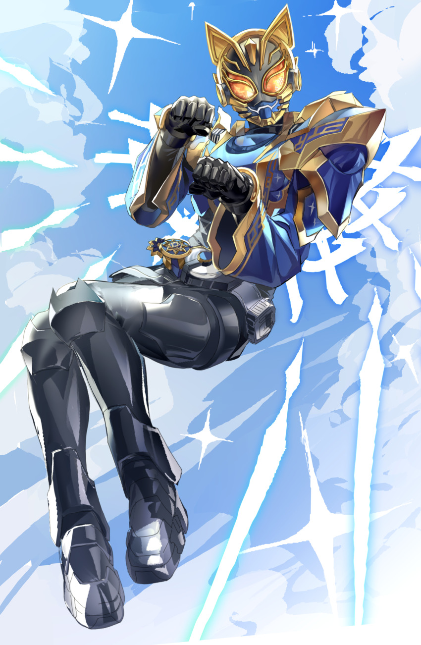 1girl absurdres animal_ears armor belt belt_buckle black_bodysuit bodysuit buckle cat_ears cloud energy feimao_(angelcat) helmet highres kamen_rider kamen_rider_geats_(series) kamen_rider_na-go looking_at_viewer paw_pose power_armor sparkle