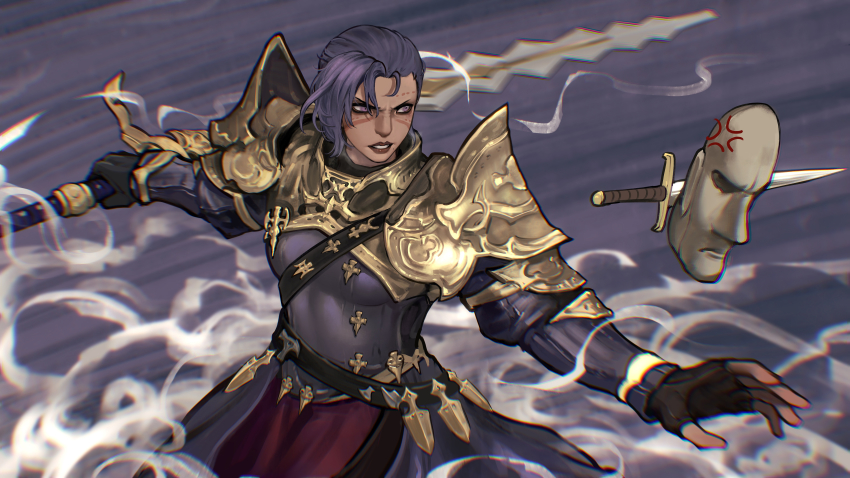 absurdres ayaki_blade dark_knight_(final_fantasy) facial_tattoo final_fantasy final_fantasy_xiv fingerless_gloves gloves greatsword highres looking_to_the_side moai roegadyn sword tall_female tattoo warrior_of_light_(ff14) weapon