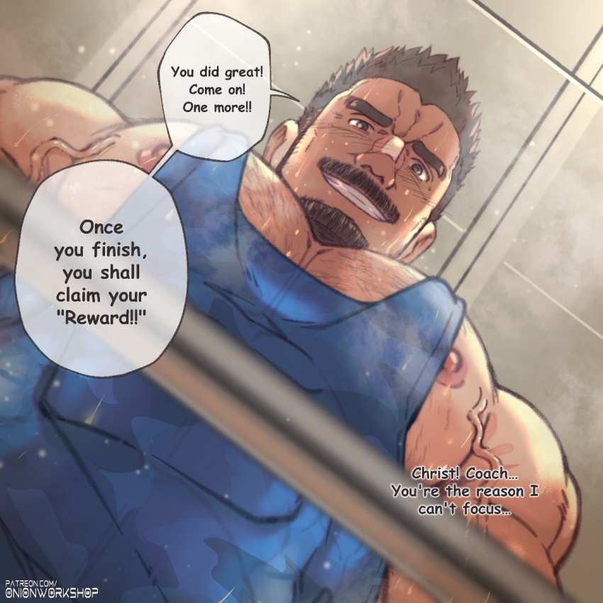 1boy bara barbell black_tank_top chest_hair english_text facial_hair foreshortening from_below grin hairy highres large_pectorals looking_at_viewer looking_down male_focus mature_male medium_sideburns meme muscular muscular_male mustache nipple_slip nipples onionworkshop original paid_reward_available pectoral_cleavage pectoral_focus pectorals photo-referenced pov seductive_smile short_hair sideburns_stubble sidepec smile solo steaming_body stubble takao_(onionworkshop) tank_top thick_eyebrows thick_mustache upper_body veiny_pectorals weightlifting_spotter pec_pov_(meme)