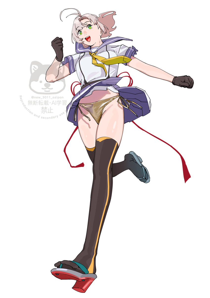 1girl absurdres antenna_hair black_gloves black_thighhighs breasts dress full_body gloves gold_panties green_eyes grey_hair highres kantai_collection kinugasa_(kancolle) kinugasa_kai_ni_(kancolle) medium_breasts neckerchief ojipon one_side_up panties pleated_dress purple_sailor_collar purple_skirt running sailor_collar sailor_shirt sandals shirt short_sleeves side-tie_panties simple_background skirt smile solo thighhighs underwear watermark white_background white_shirt wind wind_lift yellow_neckerchief