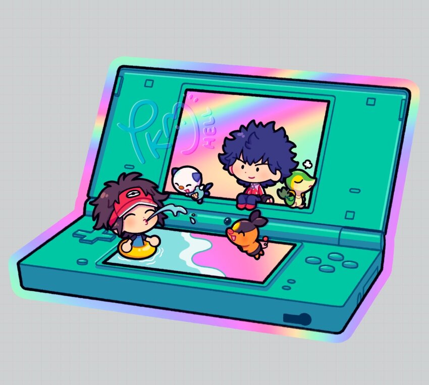 2boys black_eyes black_gloves bodysuit brown_hair closed_eyes closed_mouth commentary diving_suit english_commentary fingerless_gloves gen_5_pokemon gloves handheld_game_console highres hugh_(pokemon) innertube jacket male_focus multiple_boys nate_(pokemon) nintendo nintendo_ds o3o oshawott pants pokemon pokemon_bw2 shoes shore smile snivy starter_pokemon_trio submashell swim_ring tepig visor_cap water wetsuit