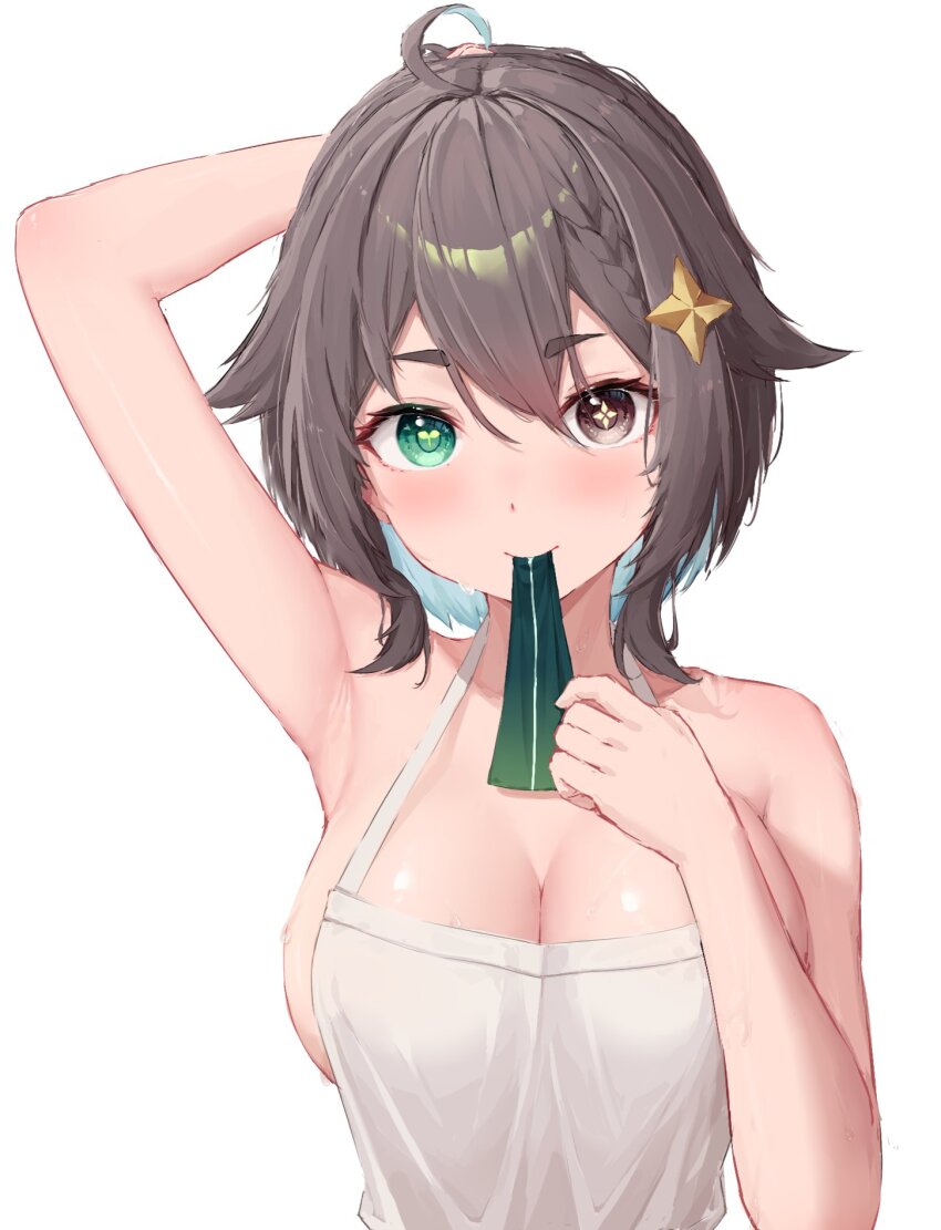 1girl ahoge apron arm_behind_head arm_up blue_hair blush braid breasts brown_eyes brown_hair closed_mouth colored_inner_hair commentary_request cross-shaped_pupils extromox green_eyes hair_between_eyes hair_flaps hair_ornament hand_on_own_chest hand_up heterochromia highres indie_virtual_youtuber large_breasts looking_at_viewer medium_hair meica_(vtuber) mismatched_pupils mouth_hold multicolored_hair naked_apron ribbon ribbon_in_mouth simple_background single_braid solo spanish_commentary sprout-shaped_pupils star_(symbol) star_hair_ornament symbol-shaped_pupils upper_body virtual_youtuber white_apron white_background