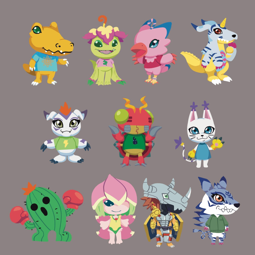 agumon animal_crossing digimon digimon_(creature) flower gabumon garurumon gomamon highres lilamon monster_girl nintendo palmon petals piyomon plant_girl sharp_teeth tailmon teeth tentomon togemon wargreymon