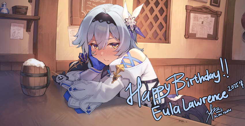 1girl absurdres arm_rest beer_mug black_gloves black_hairband blue_hair blush character_name commentary_request cup eula_(genshin_impact) foam genshin_impact gloves hair_between_eyes hair_ornament hairband hand_on_own_cheek hand_on_own_face happy_birthday highres indoors juliet_sleeves kimi_tsuru long_sleeves looking_at_viewer mug nose_blush puffy_sleeves shirt short_hair solo tankard tavern white_shirt yellow_eyes