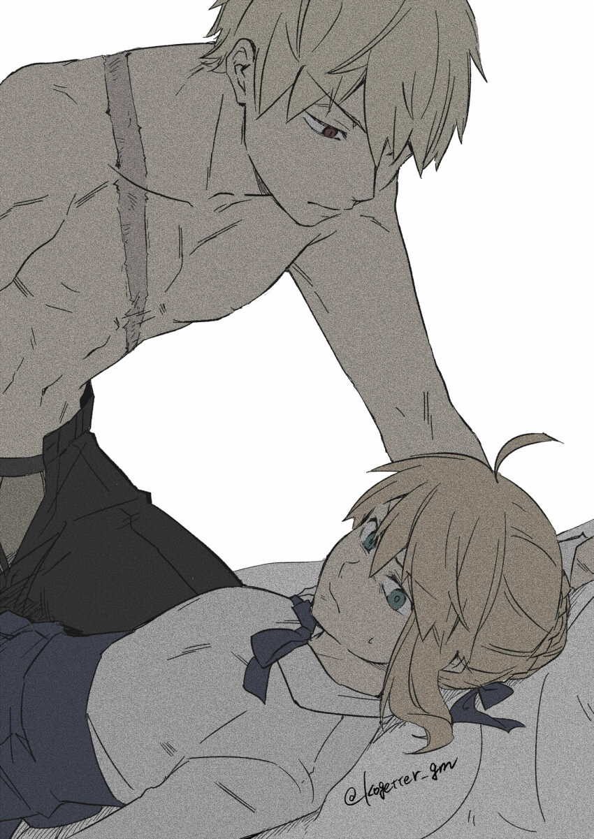 1boy 1girl ahoge artoria_pendragon_(fate) black_pants blonde_hair bun_with_braided_base commentary_request fate/stay_night fate/unlimited_blade_works fate_(series) film_grain gilgamesh_(fate) green_eyes grey_male_underwear hair_bun hetero highres male_underwear moonlight_0423 open_fly pants red_eyes saber_(fate) scar scar_on_chest single_hair_bun topless_male twitter_username underwear