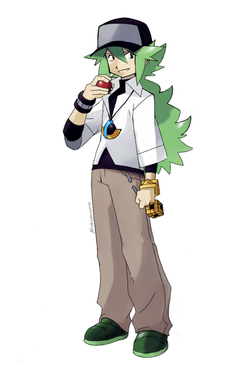 1boy arm_at_side black_hat black_shirt clenched_hand double-parted_bangs dress_shirt facing_to_the_side full_body green_hair green_shoes hat highres holding holding_poke_ball jewelry khaki_pants long_bangs looking_to_the_side male_focus n_(pokemon) necklace nintendo nuumigranate open_mouth parody partially_unbuttoned poke_ball pokemon pokemon_bw pokemon_gsc ponytail rubik&#039;s_cube shirt shirt_under_shirt shoes sleeves_rolled_up smile style_parody untucked_shirt wallet_chain white_background white_shirt