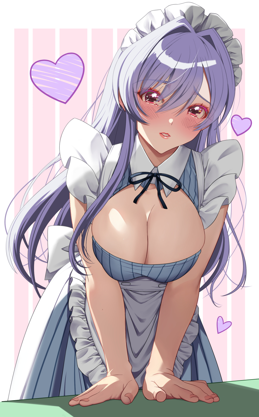 1girl absurdres akihiro0920 apron blush breasts candy chocolate cleavage commentary_request dress eiai_nano food hair_between_eyes hair_intakes heart highres kimi_no_koto_ga_dai_dai_dai_dai_daisuki_na_100-nin_no_kanojo large_breasts long_hair looking_at_viewer maid maid_apron maid_headdress parted_lips purple_hair red_eyes short_sleeves sidelocks solo white_day white_dress
