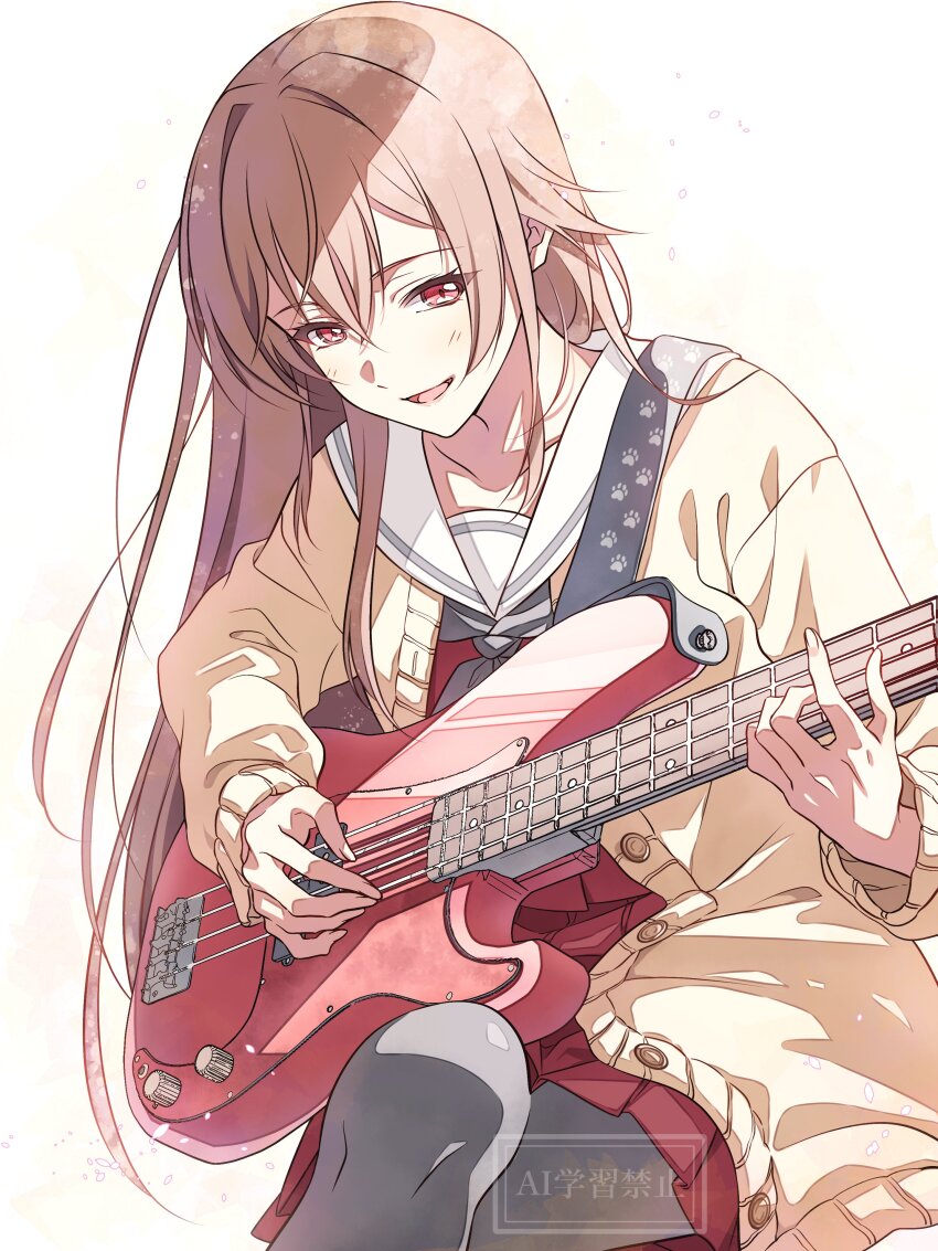 1girl :d absurdres bass_guitar black_thighhighs brown_hair cardigan collarbone commentary fender_precision_bass furen_e_lustario furen_e_lustario_(school_uniform) grey_neckerchief guitar highres holding holding_bass_guitar holding_instrument instrument kougi_hiroshi long_hair long_sleeves miniskirt neckerchief nijisanji open_cardigan open_clothes open_mouth paw_print paw_print_pattern red_serafuku red_shirt red_skirt sailor_collar school_uniform serafuku shirt simple_background sitting skirt smile solo symbol-only_commentary thighhighs very_long_hair virtual_youtuber watermark white_background white_sailor_collar yellow_cardigan