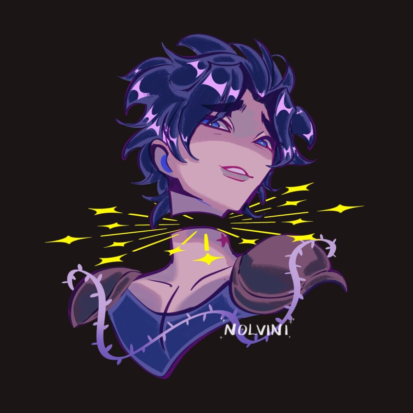 1boy armor birthmark black_background blue_eyes blue_hair collarbone commentary cropped_shoulders english_commentary hermit_purple highres joestar_birthmark jojo_no_kimyou_na_bouken jonathan_joestar looking_at_viewer male_focus nolvini pauldrons phantom_blood plant portrait severed_head short_hair shoulder_armor smile solo spoilers stand_(jojo) thorns vines