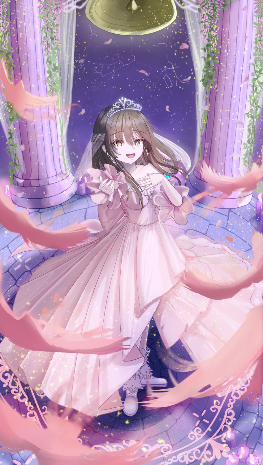 1girl 96mako absurdres braid breasts bridal_veil bride brown_hair collarbone crown dress feathers half_up_braid happy heaven_burns_red highres indoors large_breasts long_hair ooshima_ichiko open_mouth shoes solo strapless strapless_dress veil wedding wedding_dress white_dress white_shoes yellow_eyes