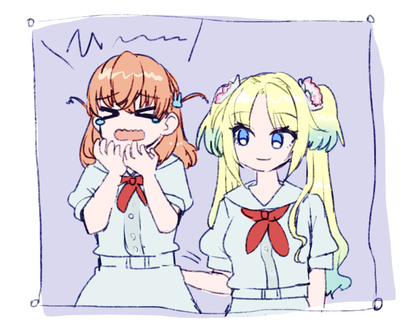 &gt;_&lt; 2girls blonde_hair blue_eyes blue_hair border commentary crossed_bangs dress gradient_hair grey_background hair_ornament hand_on_another&#039;s_back hasu_no_sora_school_uniform hinoshita_kaho link!_like!_love_live! long_hair looking_at_another love_live! medium_hair multicolored_hair multiple_girls muma_(meganeltuko) neckerchief open_mouth orange_hair osawa_rurino parted_bangs patting_back puffy_short_sleeves puffy_sleeves rabbit_hair_ornament red_neckerchief sailor_collar sailor_dress scared school_uniform short_sleeves simple_background summer_uniform tearing_up tears twintails two-tone_hair two_side_up virtual_youtuber wavy_mouth white_border white_dress white_sailor_collar