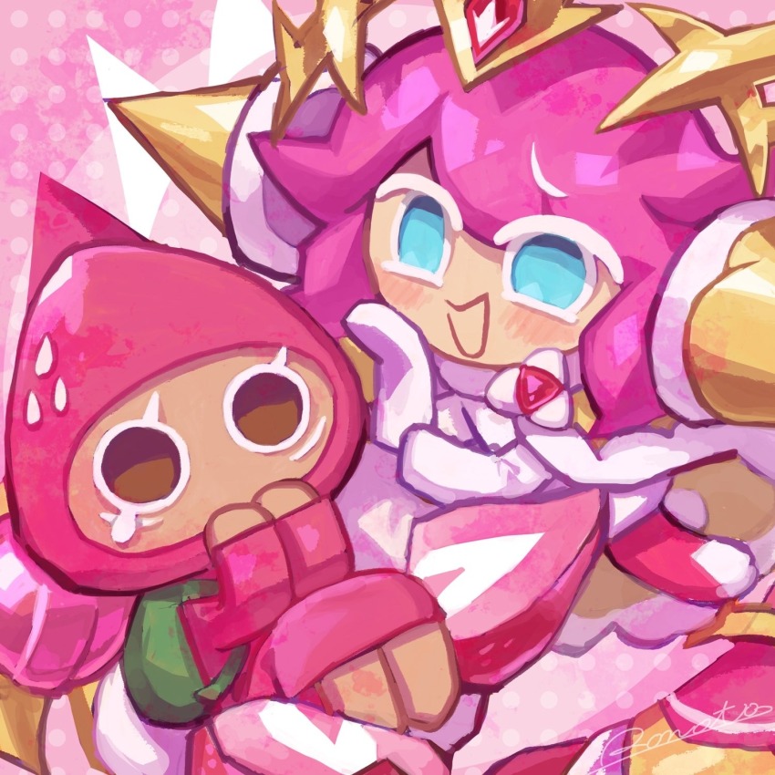 1girl 1other backpack bag blue_eyes blush brown_eyes candy cape coat cookie_run cookie_run:_kingdom food food-themed_clothes fruit full_body fur-trimmed_cape fur_trim green_bag hand_on_own_cheek hand_on_own_face hands_up highres hood hood_up hoodie knees_up lollipop long_sleeves looking_at_another looking_at_viewer no_mouth no_pupils open_mouth pants pink_background pink_hair pink_hoodie polka_dot polka_dot_background red_pants rn9j shirt short_hair simple_background single_eyebrow sitting smile strawberry strawberry_cookie strawberry_crepe_cookie strawberry_slice white_footwear white_shirt yellow_coat