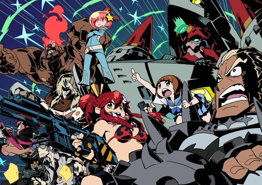 3girls 5boys anti-materiel_rifle arc_gurren-lagann bad_id bad_twitter_id bare_pectorals bikini bikini_top_only black_shirt blonde_hair blue_background blue_eyes blue_skirt brown_eyes brown_hair casing_ejection commentary_request creator_connection crossed_arms fiery_hair firing gamagoori_ira grin gun highres himukai_yuuji holding holding_gun holding_weapon inactive_account kill_la_kill kinagase_tsumugu long_hair lordgenome luluco mac-10/11 mankanshoku_mako mecha mikisugi_aikurou motion_lines multiple_boys multiple_girls muscular neckerchief open_mouth pectorals pleated_skirt pointing red_hair rifle ringed_eyes robot sailor_collar sailor_shirt scar school_uniform serafuku sharp_teeth shell_casing shirt short_hair short_sleeves skirt smile sniper_rifle spacesuit sparkle submachine_gun sunglasses swimsuit teeth tengen_toppa_gurren_lagann uchuu_patrol_luluco viral_(ttgl) weapon white_shirt yellow_eyes yoko_littner