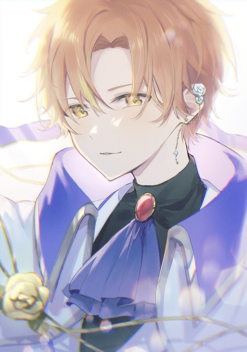 1boy ascot blonde_hair blue_ascot collared_shirt commentary ear_chain ear_piercing earrings flower highres jewelry jishio kaitou_shinshi_no_harahara!?_white_day_(project_sekai) looking_at_viewer male_focus multicolored_hair official_alternate_costume official_alternate_hairstyle orange_eyes orange_hair parted_lips piercing portrait project_sekai shinonome_akito shirt short_hair solo streaked_hair turtleneck two-tone_hair white_background