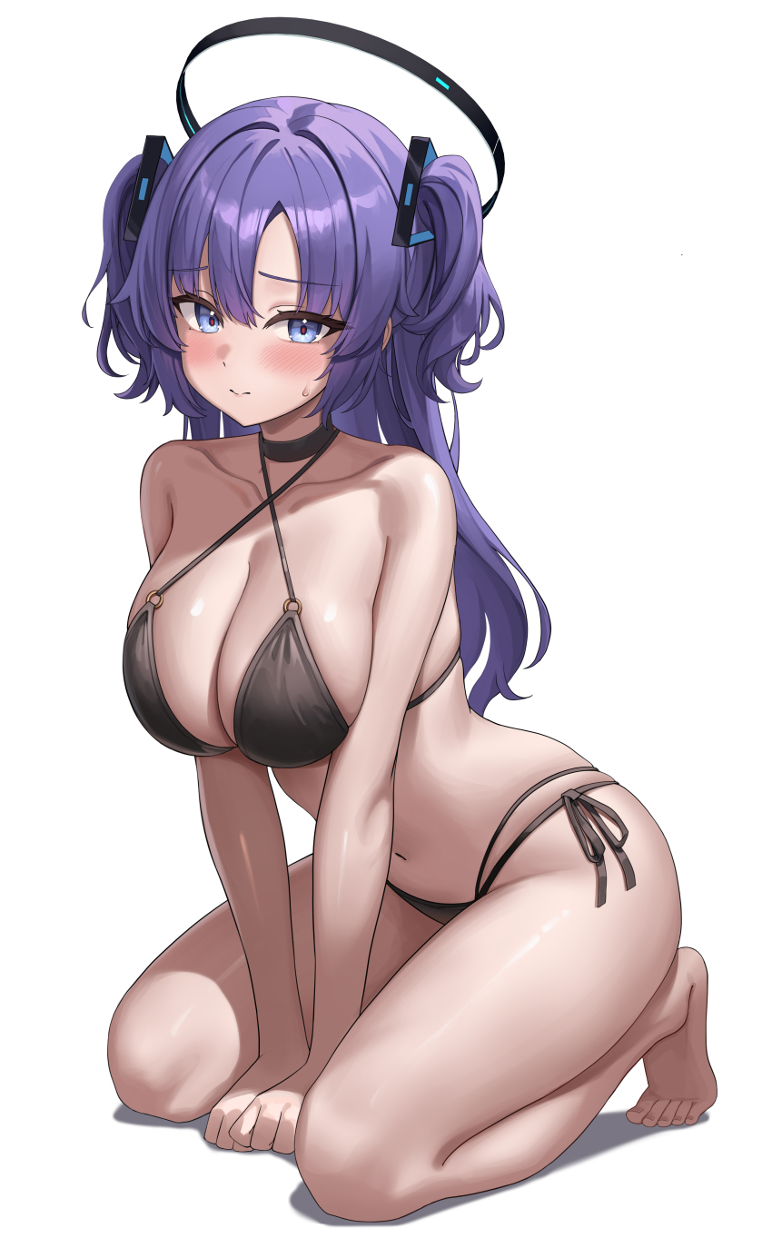 1girl absurdres alternate_costume barefoot between_legs bikini black_bikini black_choker black_halo blue_archive blue_eyes blue_halo blush breasts choker cleavage closed_mouth collarbone commentary_request full_body hair_intakes hair_ornament halo halterneck hand_between_legs highres kneeling large_breasts long_hair looking_at_viewer mechanical_halo navel o-ring o-ring_bikini o-ring_top parted_bangs revision rianya07 side-tie_bikini_bottom simple_background solo swimsuit thighs toes triangle_hair_ornament two_side_up white_background yuuka_(blue_archive)